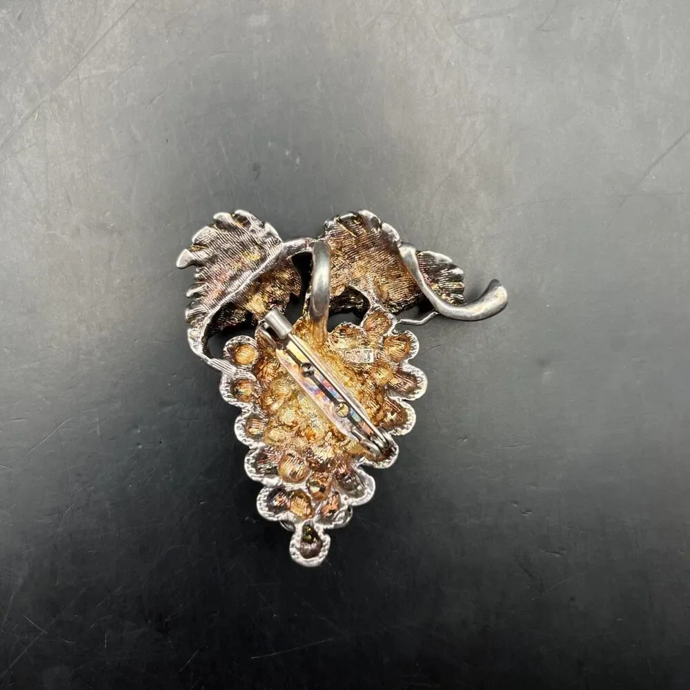 Silver Tone Grape Bunch Brooch Pin Pendant Cluster Signed MJ Marie Jennifer